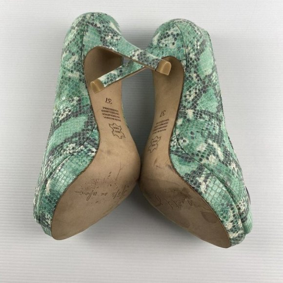 Women's Mimco Size 37 Green Reptile Print Peep Toe Stiletto High Heel Shoes - Picture 4 of 10